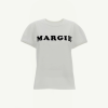 White T-shirt with the word MARGIE in bold black letters across the chest.