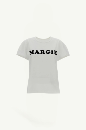 White T-shirt with the word MARGIE in bold black letters across the chest.