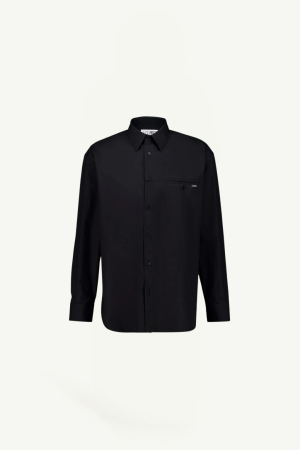 Black long-sleeve button-down shirt with a left chest pocket on a light background
