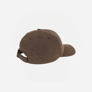 Brown baseball cap viewed from the back showing an adjustable strap with a metal buckle