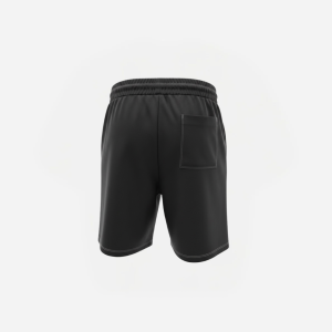 Black athletic shorts with an elastic waistband and a single back patch pocket, viewed from the rear.