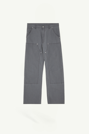 Gray denim pants with large patch pockets and visible seams, front view