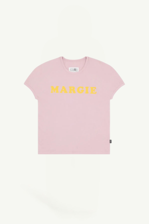 Pink short-sleeve t-shirt with the word 'MARGIE' in bold yellow letters across the front.