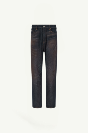 Dark denim jeans with a straight leg, front pockets, and a button fly on a pale background.