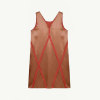 Sleeveless copper-brown dress with red diagonal panels forming a geometric pattern down the front/top area.