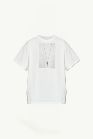 White T-shirt with a grayscale image of a pendant necklace centered on the chest area.