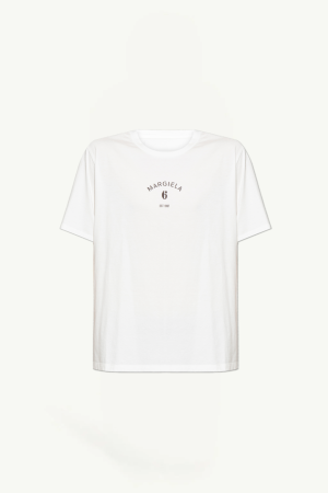 White T-shirt featuring a small circular Margiela 6 logo with 'EST 1997' on the chest.