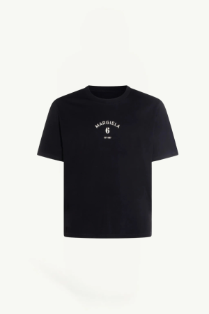 Black short-sleeve T-shirt with a small white Margiela 6 logo centered on the chest