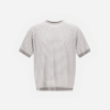 Striped knit short-sleeve sweater in white and light gray with a crew neck and ribbed cuffs and hem