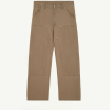 Front view of tan-brown utility pants with belt loops, zip fly, and large patch pockets on the thighs with visible stitching.