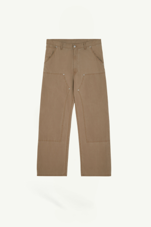 Front view of tan-brown utility pants with belt loops, zip fly, and large patch pockets on the thighs with visible stitching.