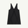Front view of a black sleeveless V-neck top with decorative crisscross seam panels forming a subtle geometric pattern.