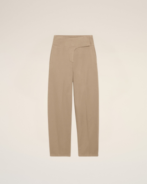 Beige high-waisted trousers with a fabric belt, shown full-length against a pale neutral background.