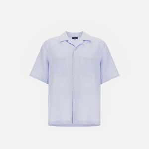 Light blue short-sleeve button-up shirt with a collar and two chest pockets