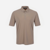 Beige short-sleeve polo shirt with a three-button placket and collar.