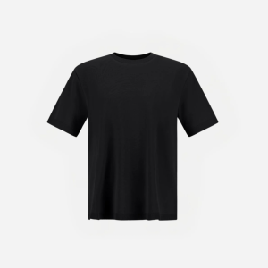 Black short-sleeve T-shirt on a white background.