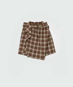 Brown and beige plaid wrap skirt with a belt at the waist.