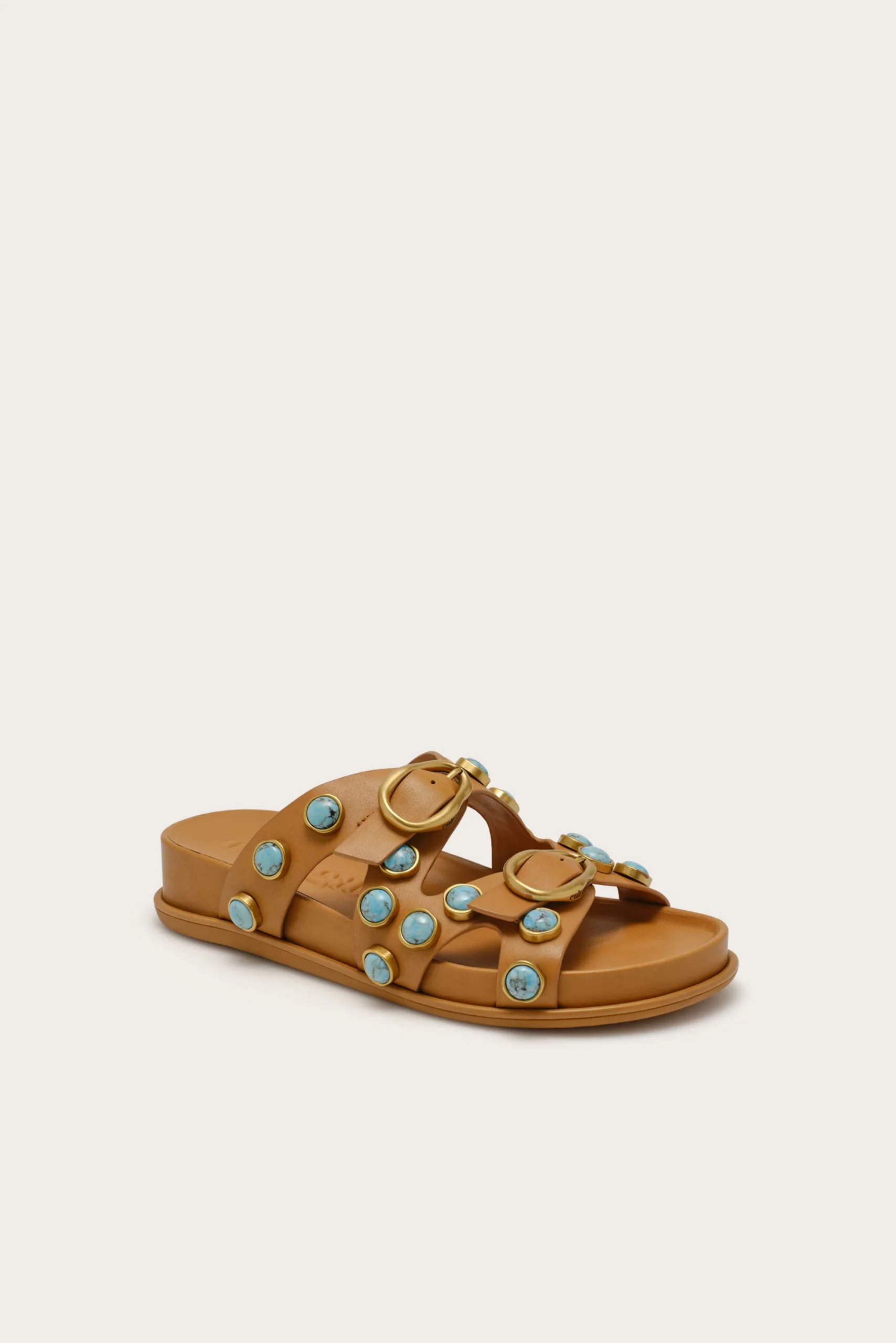 IMG_1266 - New Trend Tan leather sandals with multiple turquoise stone studs and gold rings across the straps, open-toe design.