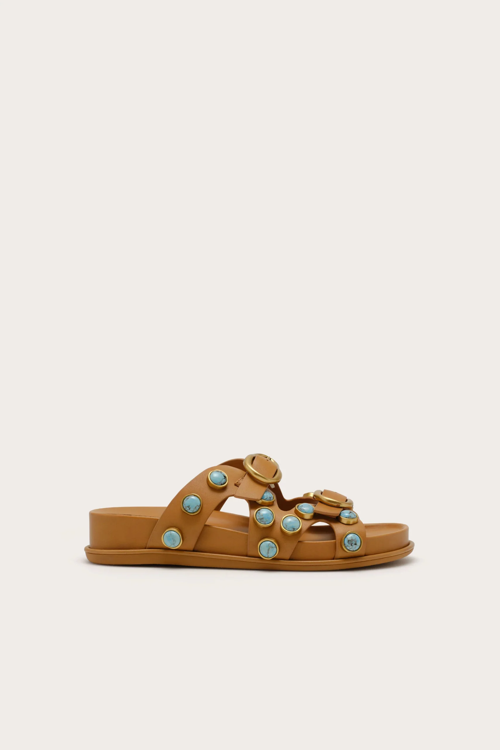 IMG_1268 - New Trend Tan leather slide sandal with turquoise stone accents along the straps.