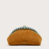 IMG_1284 - New Trend Brown suede handbag with turquoise bead trim along the top edge; Cult Gaia logo at the bottom edge.