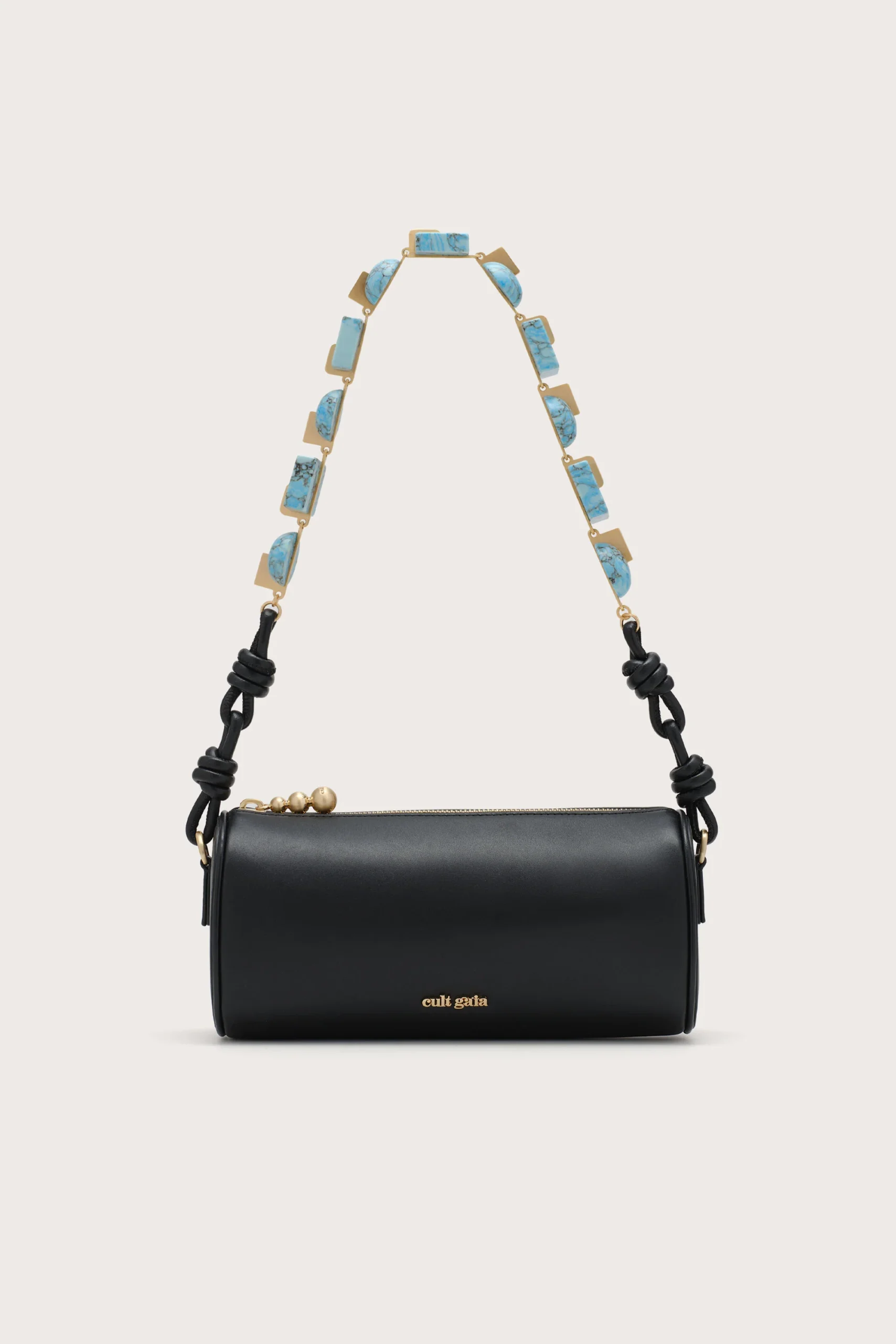 IMG_1289 - New Trend Black leather crossbody/shoulder bag with a turquoise stone chain strap and gold hardware, Cult Gaia logo visible at the bottom edge.