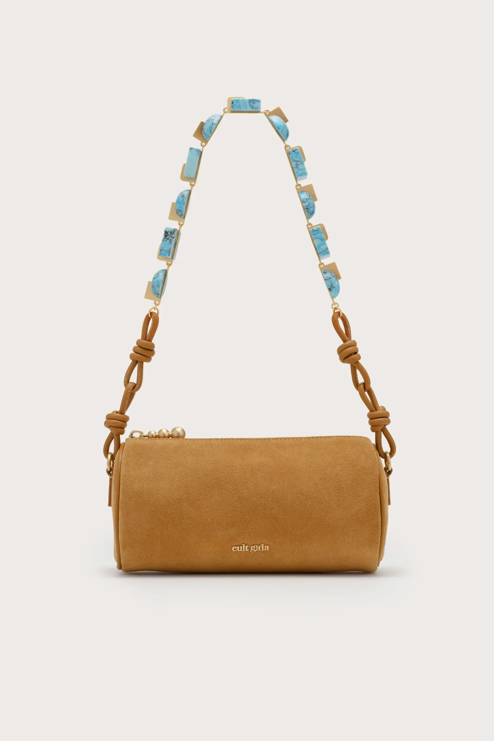 IMG_1298 - New Trend Tan suede shoulder bag with a turquoise-stone accented strap and knotted leather ends by Cult Gaia.