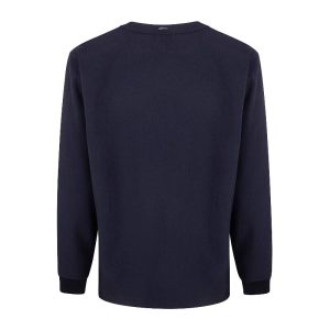 Back view of a navy knit sweater with long sleeves and ribbed cuffs
