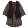 Striped brown and black dress layered with a dark vest and a red scarf accessory.