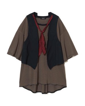 Striped brown and black dress layered with a dark vest and a red scarf accessory.