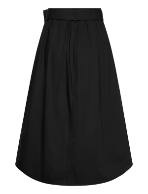 Black long A-line skirt with a high waist and belt detail at the top.