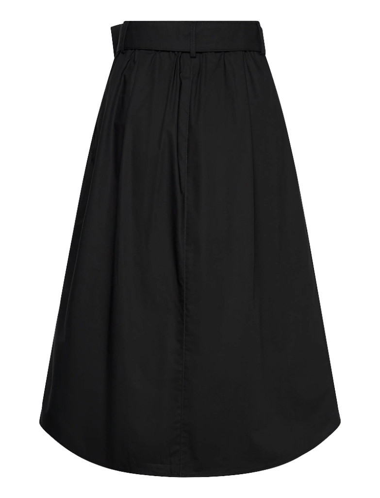 Black long A-line skirt with a high waist and belt detail at the top.