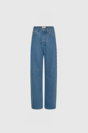 Full-length blue denim jeans with a subtle circle pattern along the outer leg seam.