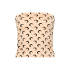 Beige strapless top on a torso mannequin covered with a repeating black crescent moon pattern of print.