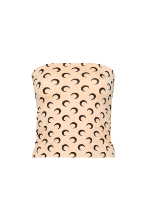 Beige strapless top on a torso mannequin covered with a repeating black crescent moon pattern of print.