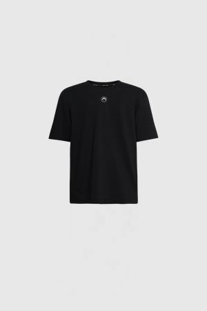 Black short-sleeve T-shirt with a small white circular logo on the chest.
