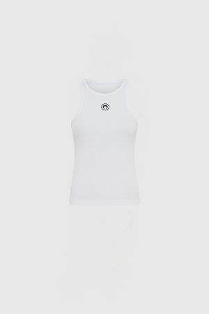White sleeveless tank top on a torso mannequin, with a small circular black logo on the chest against a pale background.