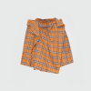 Orange plaid belt-front jacket laid flat on a light background, showing wide lapels and double-belt detail.