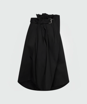 Black high-low wrap skirt with a matching belt and metal buckle on a light background