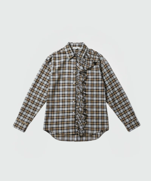 Brown, black, and white plaid button-down shirt with a diagonal front ruffle detail on the placket area.