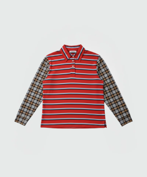Red polo-style shirt with horizontal white and navy stripes on a red body and plaid checkered long sleeves.