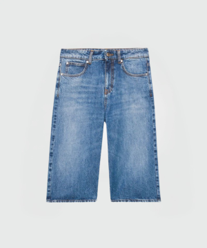 Blue denim knee-length shorts with five-pocket styling and belt loops against a light background.
