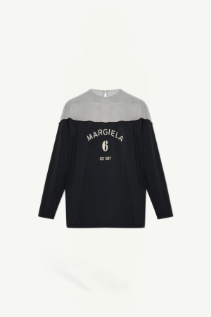 Black long-sleeve top with a gray upper yoke and printed back text reading 'MARGIELA 6 EST 1997'.