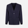 Untitled design - New Trend Navy cardigan with a deep V-neck, button closure, and two front pockets on a white background.