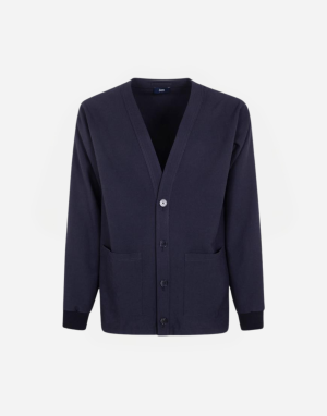 Navy cardigan with a deep V-neck, button closure, and two front pockets on a white background.