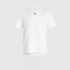 Front view of a white short-sleeve T-shirt with a small circular black logo on the chest against a neutral background.