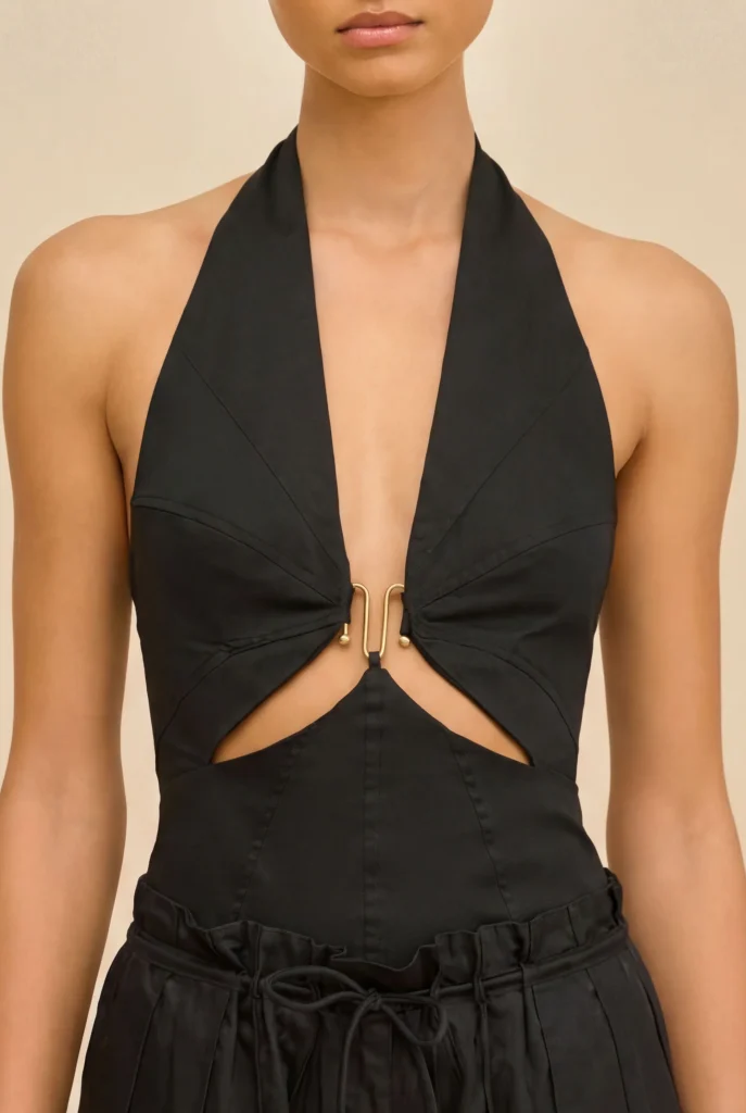 Woman wearing a black halter top with a plunging neckline and gold hardware at the center, against a beige background.