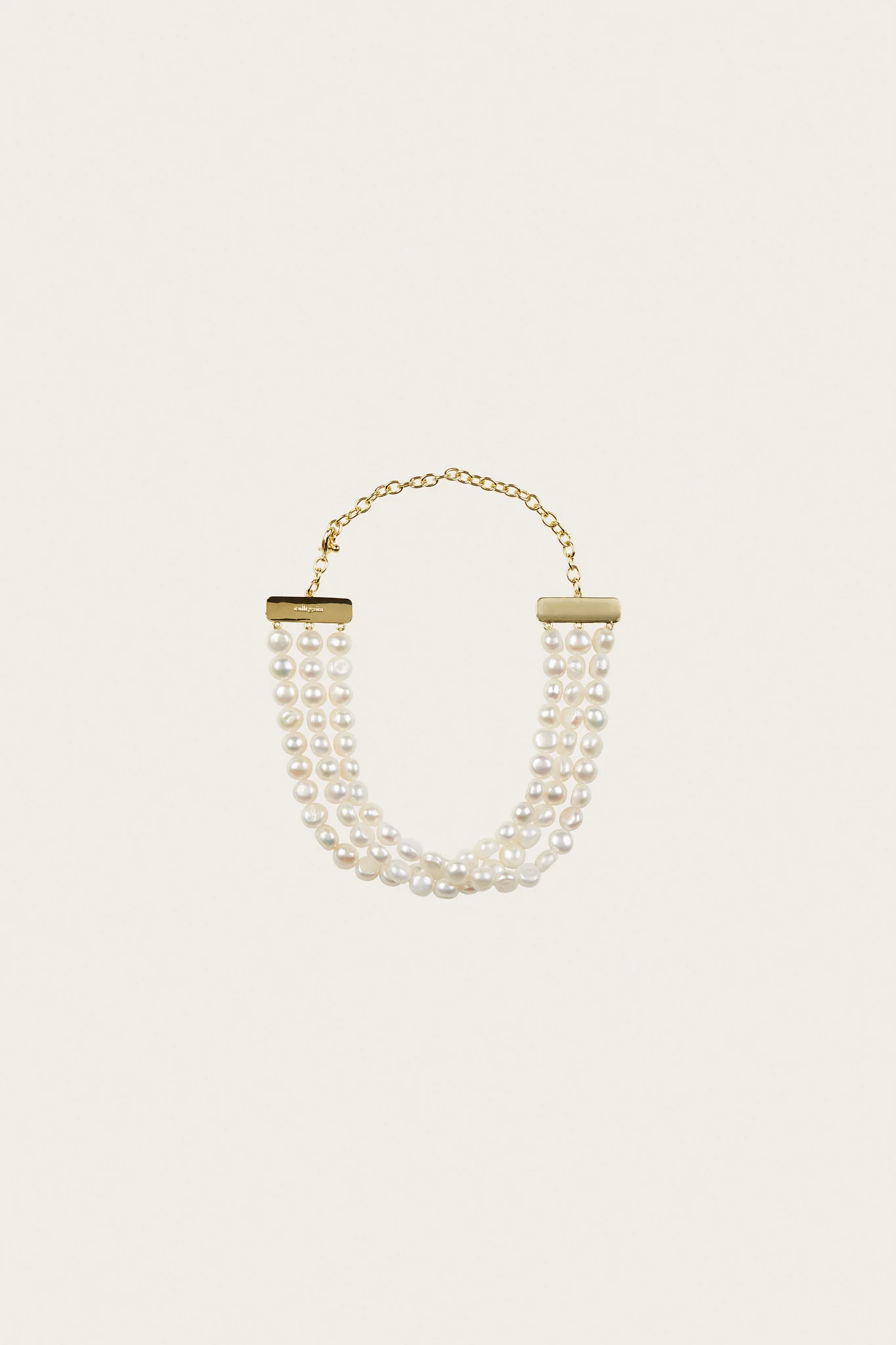 IMG_1400 - New Trend Gold-tone multi-strand pearl necklace with rectangular bar clasps on a cream background