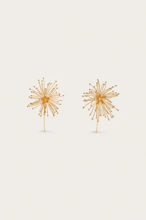 Two gold wire dandelion-like sculptures on a pale background, with thin stems and spiky blooms.