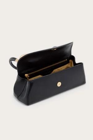 Black leather handbag with gold zipper, open top showing beige interior lining