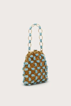 Beaded brown handbag with turquoise beaded chain accents and gold loops on a pale background (fashion accessory)